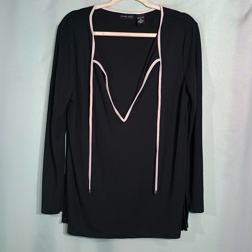 Women’s Black Deep V-Neck Tunic Top with Contrast Trim – Long Sleeve Blouse